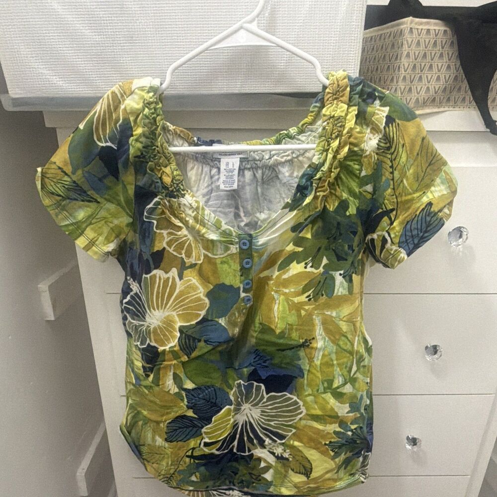 Caribbean Joe L Tropical Floral Square Neck Puff Sleeve Button Blouse